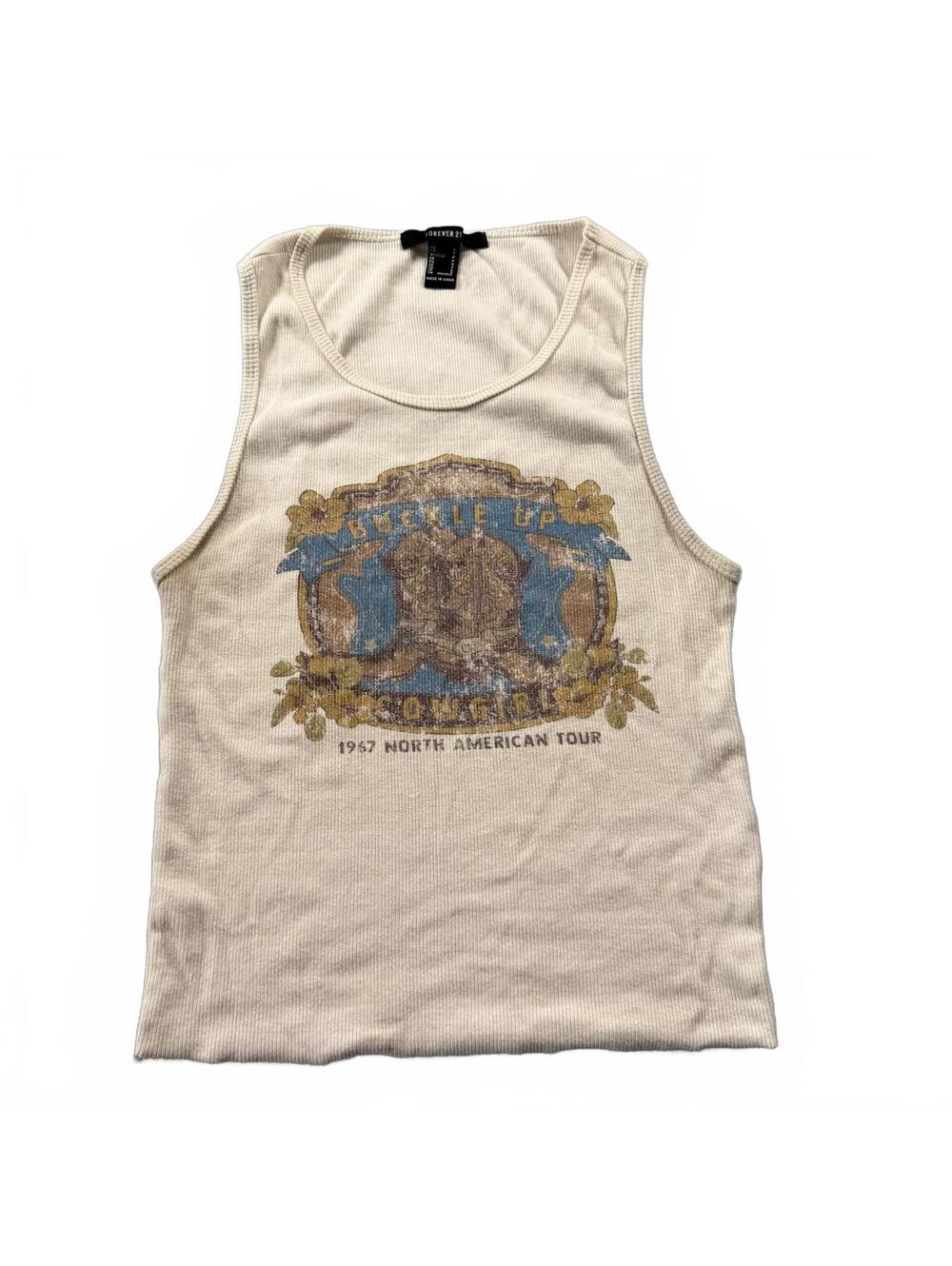 Forever 21 Buckle Up Cowgirl Ribbed Tank Top - Cream Beige Vintage Graphic